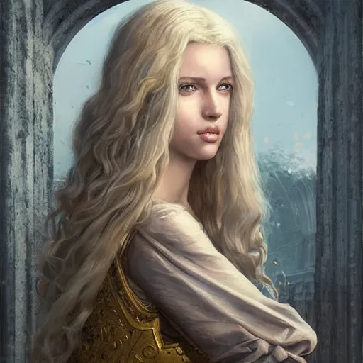 Image similar to a french lady with blonde hair and a beautiful face in a fantasy versailles, symmetric face, hyperrealism, epic fantasy digital art, fantasy style art, by Greg Rutkowski, fantasy magic the gathering card art style