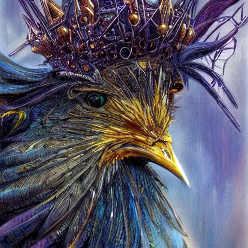 Prompt: colorful bird, golden crown, from overlord, close up, fantasy, intricate, elegant, highly detailed, digital painting, artstation, concept art, sharp focus, illustration, art by luis royo, wayne barlowe, kirsi salonen, asya yoranova and alan lee