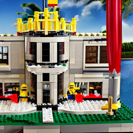 Image similar to tv advertisement for the mar a lago fbi raid lego set