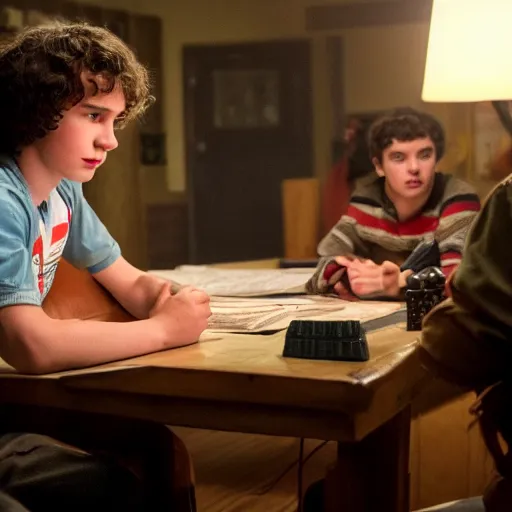 Image similar to professional photograph of will from stranger things playing dungeons and dragons, HD, 8K