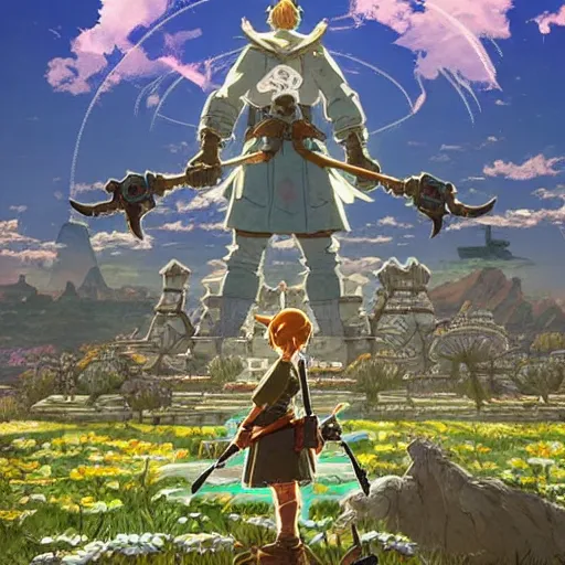 Image similar to An enormous labyrinth, Beautiful architecture, Statues, Highly detailed carvings, Atmosphere, Dramatic lighting, Epic composition, Close up, Low angle, Wide angle, by Miyazaki, Nausicaa Ghibli, Breath of The Wild