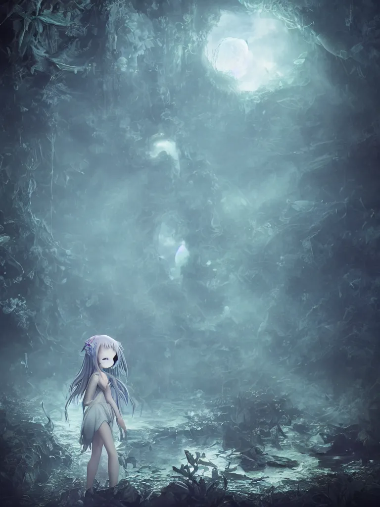 Image similar to cute fumo plush of a frail cursed witch girl wandering the depths of the forbidden jungle, gothic wraith maiden, wispy smoke and volumetric fog on pond, beyond the mirror, filmic, symmetric beauty, moonlight midnight glow, vignette, vray
