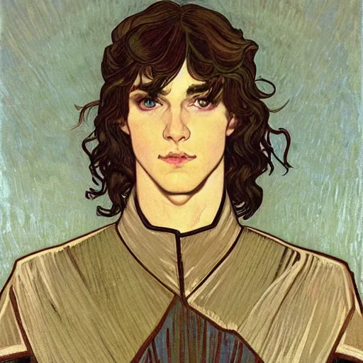 Image similar to portrait painting of young handsome beautiful paladin elf!! man with long! wavy dark hair and blue eyes in his 2 0 s named taehyung minjun james, pale, wearing armor!, gorgeous hair, elf ears, icy eyes, elegant, cute, delicate, soft facial features, art by alphonse mucha, vincent van gogh, egon schiele,