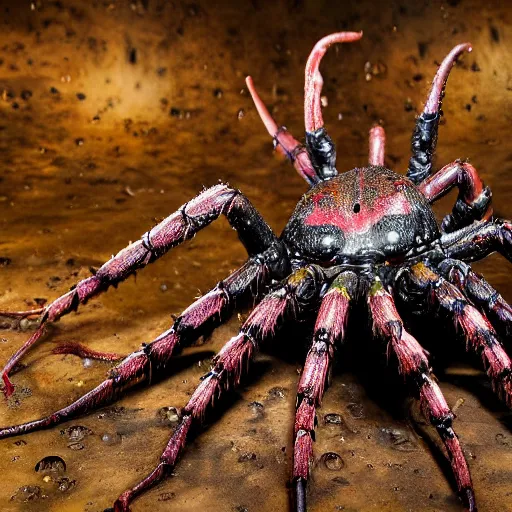 Image similar to photo taken of an epic intricate, ultra detailed, super realistic gritty, hero prop, exquisitely painted animatronic movie prop of a wet slimy grotesque nightmarish hellish arachnoid creature displayed in the workshop, created by weta workshop, full body shot, photorealistic, sharp focus