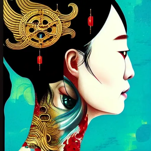 Image similar to portrait and side profile of a chinese woman :: side profile :: in ocean :: clockwork details :: gold :: blood and horror :: by vikings and Sandra Chevrier