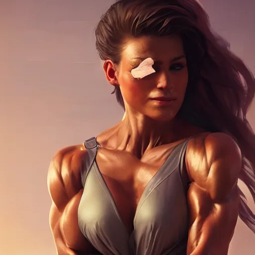 Prompt: a very beautiful and pretty woman with muscles, digital art, photorealistic, unreal engine, 8 k resolution, artstation, beautiful face, pretty face, very detailed eyes, by wlop, greg rutkowski, simon bosley