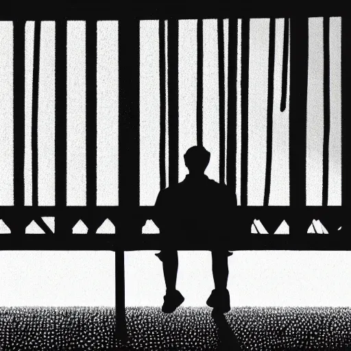 Prompt: a silhouette of a man on a bench while its raining looking down, 4k, digital art, hyper detailed