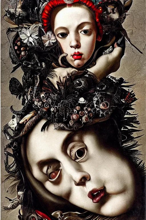 Prompt: Detailed maximalist portrait with large lips and with large white eyes, angry expression, HD mixed media, 3D collage, highly detailed and intricate surrealism, illustration in the style of Caravaggio, dark art, baroque
