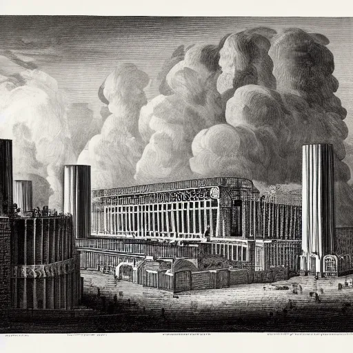 Prompt: A detailed engraving of a battersea power station in the style of piranesi