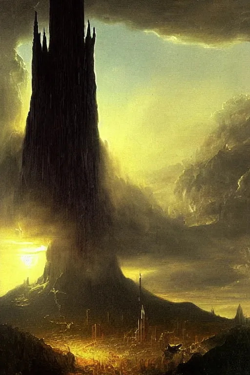 Image similar to dark fantasy painting of 'the dark tower', by bekinski, by thomas cole