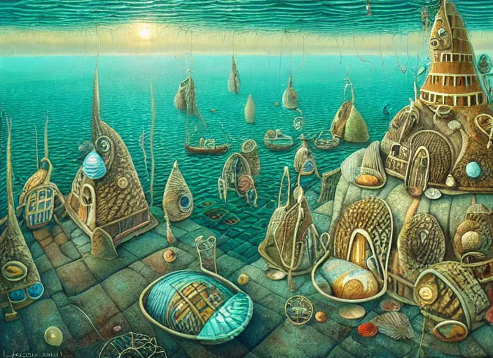 Image similar to underwater city with fish citizens inside!! the seashell, small scandinavian!!! houses, little people!!!, by jacek yerka by levitan, surrealistic painting, masterpiece, oil painting, sharp focus, highly detailed, intricate, smooth, 8 k,
