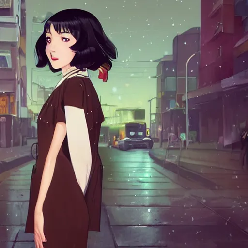 Image similar to a portrait of a beautiful girl with long black hair and bangs, wearing 1940's fashion, she has dark brown eyes and pale skin, she is facing towards the camera, city at nightime background, low-key neon lighting, 4k, HQ, official media, anime key visual, makoto shinkai, ilya kuvshinov, lois van baarle, rossdraws, detailed, trending on artstation