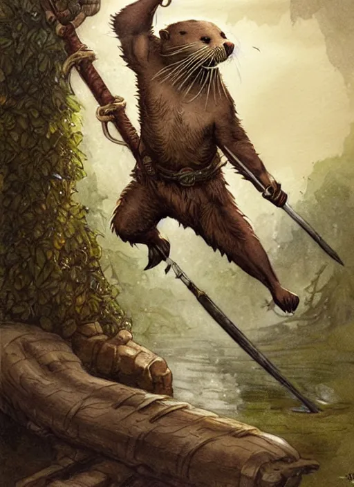 Prompt: a heroic otter scout with spear on a parchment background, redwall, greg rutowski and jean baptiste monge, detailed, epic fantasy concept art