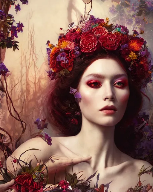 Prompt: portrait of the redskin queen of the underworld, surrounded by flowers by karol bak, james jean, tom bagshaw, rococo, sharp focus, trending on artstation, cinematic lighting, hyper realism, octane render, 8 k, hyper detailed.