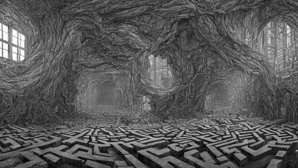 Image similar to a beautiful hyper realistic detailed matte painting of a confusing place where the perspective is a broken concept, the shape of this maze create the shape of a mad owl, dramatic lighting, dynamic lighting, cinematic lighting, dynamic lighting, cinematic lighting, lit by morning light, by maurits cornelis escher, black and white, featured on artstation, ultrawide angle