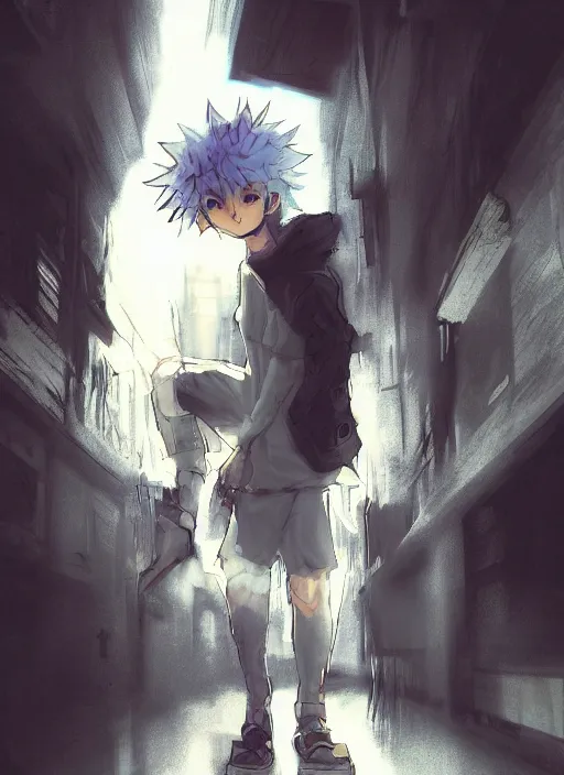 Prompt: Killua walking towards camera, low angle, epic, artstation, cyberpunk, intricate complexity