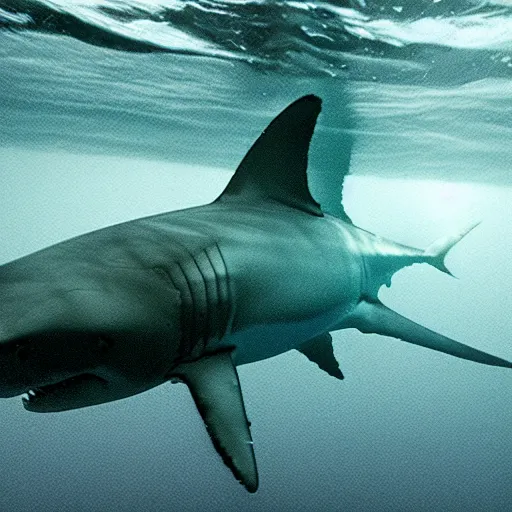 Image similar to A great white shark is swimming towards the viewer out of the dark water, underwater, underwater photography, night, hyperrealism, wildlife photo, trail cam, ultra high detail