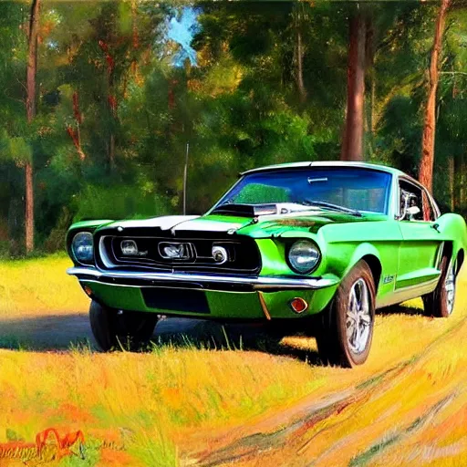 Prompt: green 1967 Ford Mustang GT, Swedish countryside, painting by Vladimir Volegov