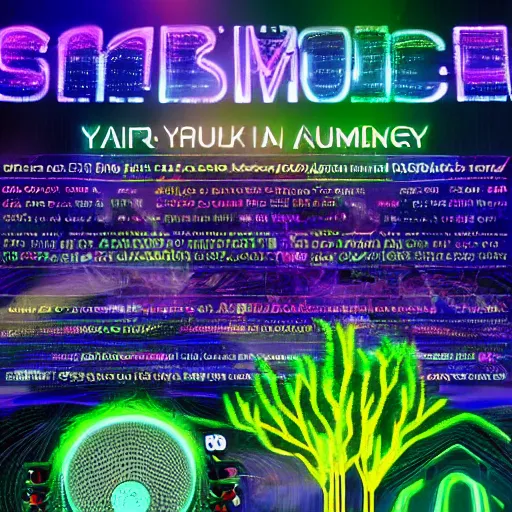 Image similar to the year is 2 0 3 5 people are visiting a music show enhanced by artificial intelligence, where nature plays an elementary role. there are genetically modified plants that have grown into the mainstage upon which the dj is performing a solarpunk show