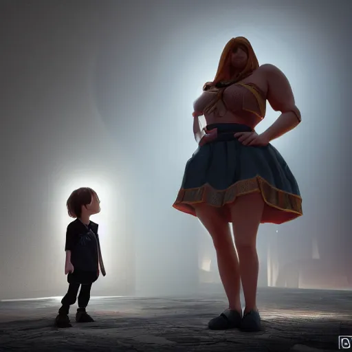 Image similar to A young beautiful giantess standing next to a small man who is only as tall as her ankle, beautiful lighting,digital art , highly detailed , high contrast, beautiful lighting, award winning , trending on art station, 8k, photorealistic,unreal engine 5