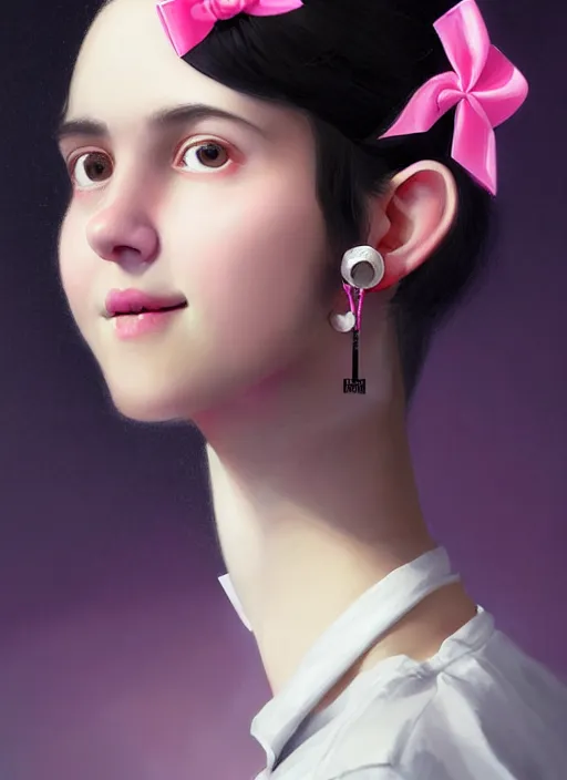 Image similar to portrait of high school girl, realistic, black hair, bangs, half updo hairstyle, pointy nose, skinny, smile, ugly, defined jawline, big chin, pink hair bow, earrings, intricate, elegant, glowing lights, highly detailed, digital painting, artstation, sharp focus, illustration, art by wlop, mars ravelo and greg rutkowski