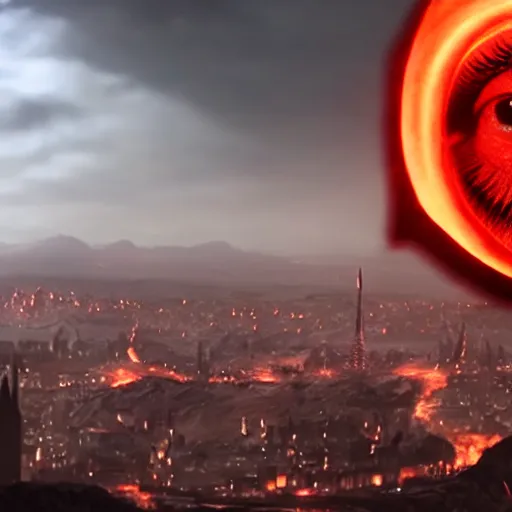 Image similar to the eye of sauron looking over mordor, except the eye is alex jones, cinematic lighting, realistic, 4 k