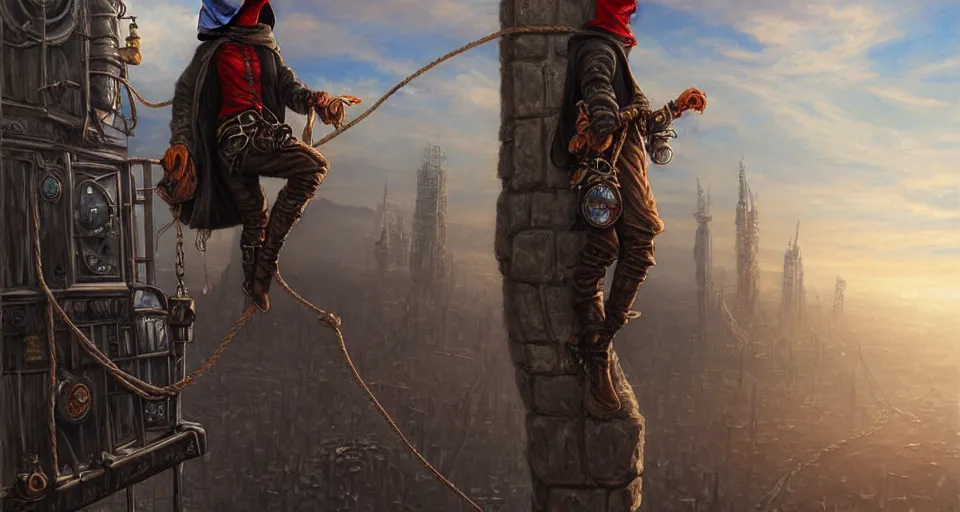 Prompt: landscape painting of a hooded thief in leathers using a rope to climb a tall metal steampunk buildings with a fantasy city, fine details, magali villeneuve, artgerm, rutkowski