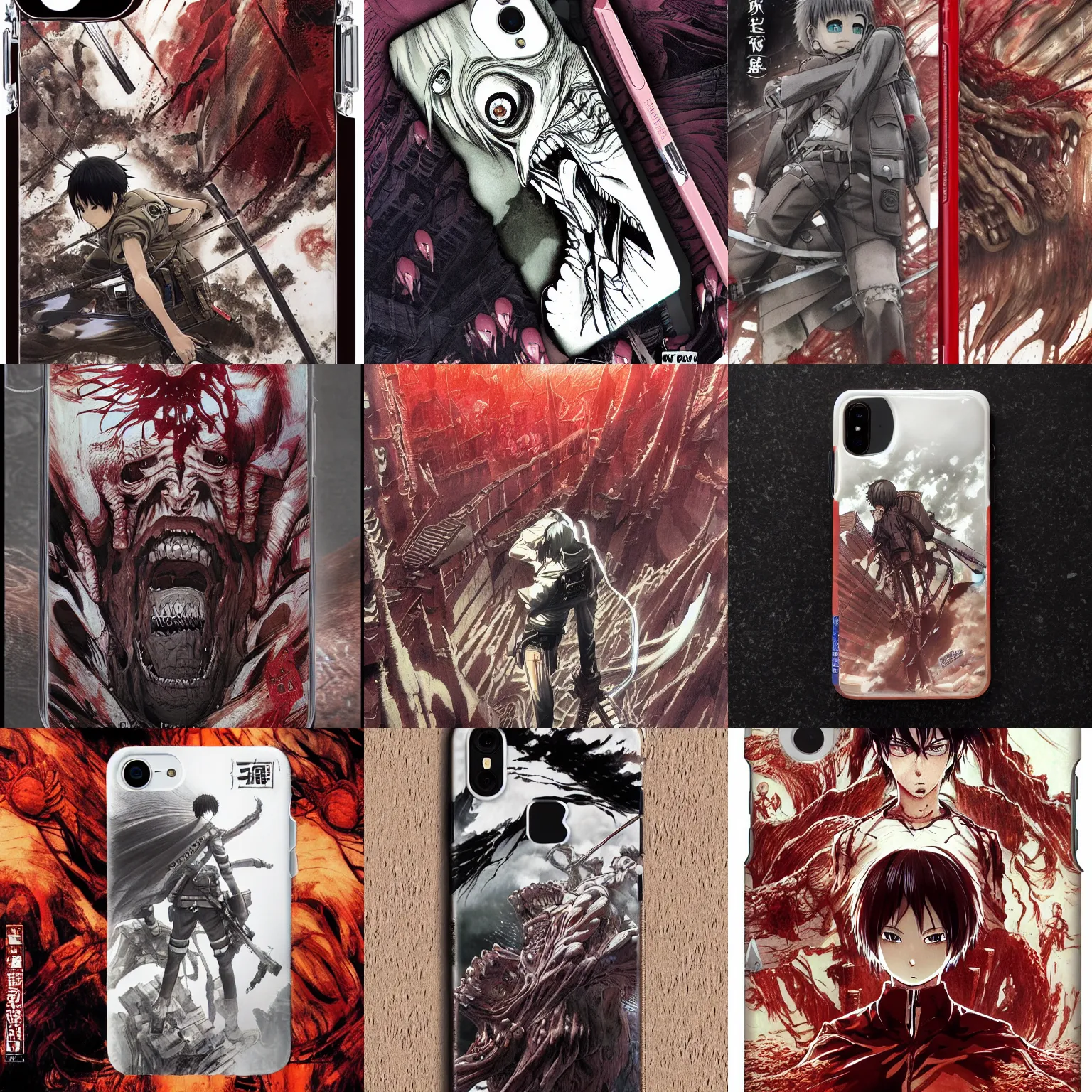 Prompt: phone case of highly detailed professional late 2 0 0 0 s seinen manga cover art of attack on titan. chunibyo. horror action manga cover promotional art. detailed and intricate environment. pencils by ilya kuvshinov and painted by zdzislaw beksinski, inked by tsutomu nihei