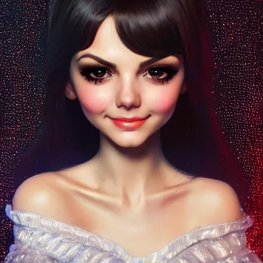 Image similar to beautiful victoria justice, very elegant features, brilliant glittering hair, universal volumetric lighting, soft glow, russian scary horror comedy film snapshot by range murata, norman rockwell, highly detailed intricately sharp focus, trending on pinterest, unreal engine 5 4 k uhd image