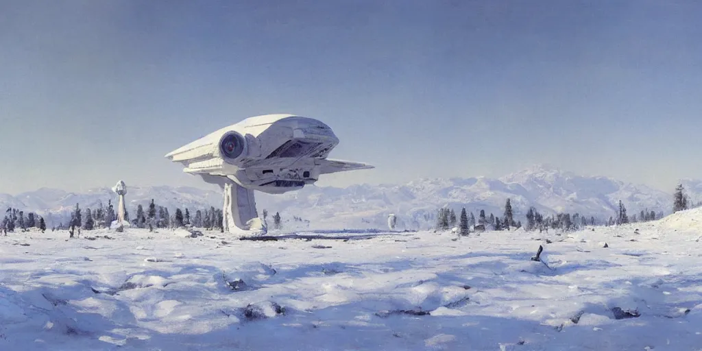 Prompt: white giant spaceship in center on tansy field at foot on snowy mountain by Fernand Khnopff by john berkey, oil painting, concept art