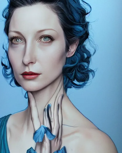 Image similar to in the style of joshua middleton, artgerm, beautiful caitriona balfe, outlander, full body, blue dress, elegant pose, middle shot, spooky, detailed realisitc eyes, detailed realistic eyes, detailed and intricate