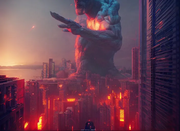 Prompt: seattle being attacked by a giant herculean demon, by beeple and maciej kuciara and greg rutkowski