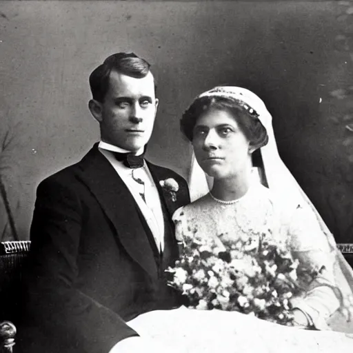 Image similar to Closeup intermediate shot, colored black and white, historical fantasy photographic image of a royal wedding of the groom who is waiting for his wife while appearing utterly afraid. An image from 1907 taken during the royal wedding's official wedding photographer's golden hour displays warming lighting. cinema, hyper realistic, ultra realistic, photorealistic, facial actuary.