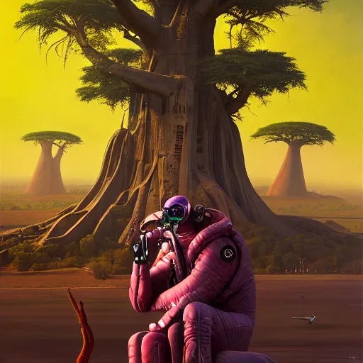 Prompt: a zulu cyberpunk hunter near a pink lake with a giant baobab tree in the middle by thomas blackshear and android jones in a surreal portrait style, oil on canvas, 8k resolution.