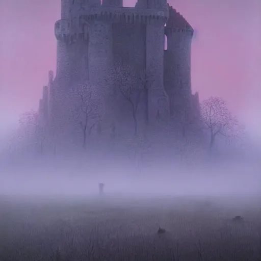 Image similar to A haunting castle stands over a misty orchard during sunrise. A matte painting in the style of Wayne Barlowe, by Zdzisław Beksiński.