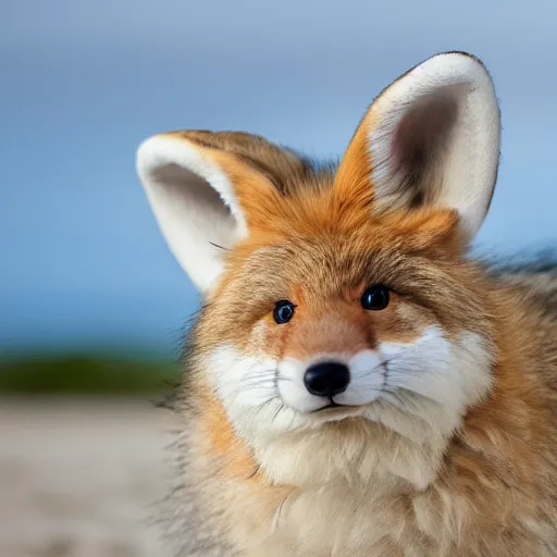 Image similar to a photorealistic adorable chubby charming but vicious fennic fox wolf rabbit hybrid, long fuzzy fur, with long floppy rabbit ears, wearing bows on the top of its head, grinning at the camera with a mischievous look, sharp teeth, happy lighting, at a tropical beach