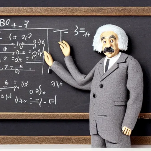 Image similar to miniature claymation albert einstein standing in front of blackboard with lots of mathematical formulas chalked on