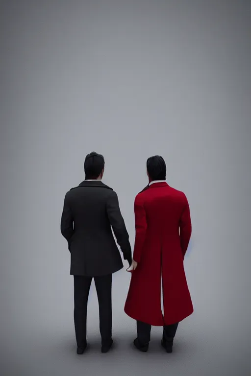 Prompt: 2 Crows wearing a red formal overcoat, hyperrealistic, concept art, octane render, unreal engine 5, trending on DeviantArt, highly detailed, high quality, 8K, soft lighting, cute, natural lighting, realistic face, trending on Artstation, elegant clothes, profile picture, path traced, house background