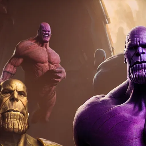 Image similar to Thanos in the backrooms, cinematic, horror