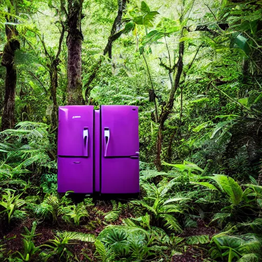 Prompt: purple refrigerator in a jungle, 4k photograph