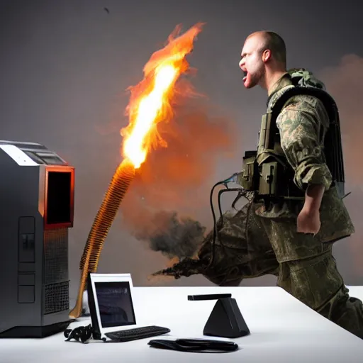 Image similar to angry man in juggernaut armor burning a desktop tower pc with a military flamethrower