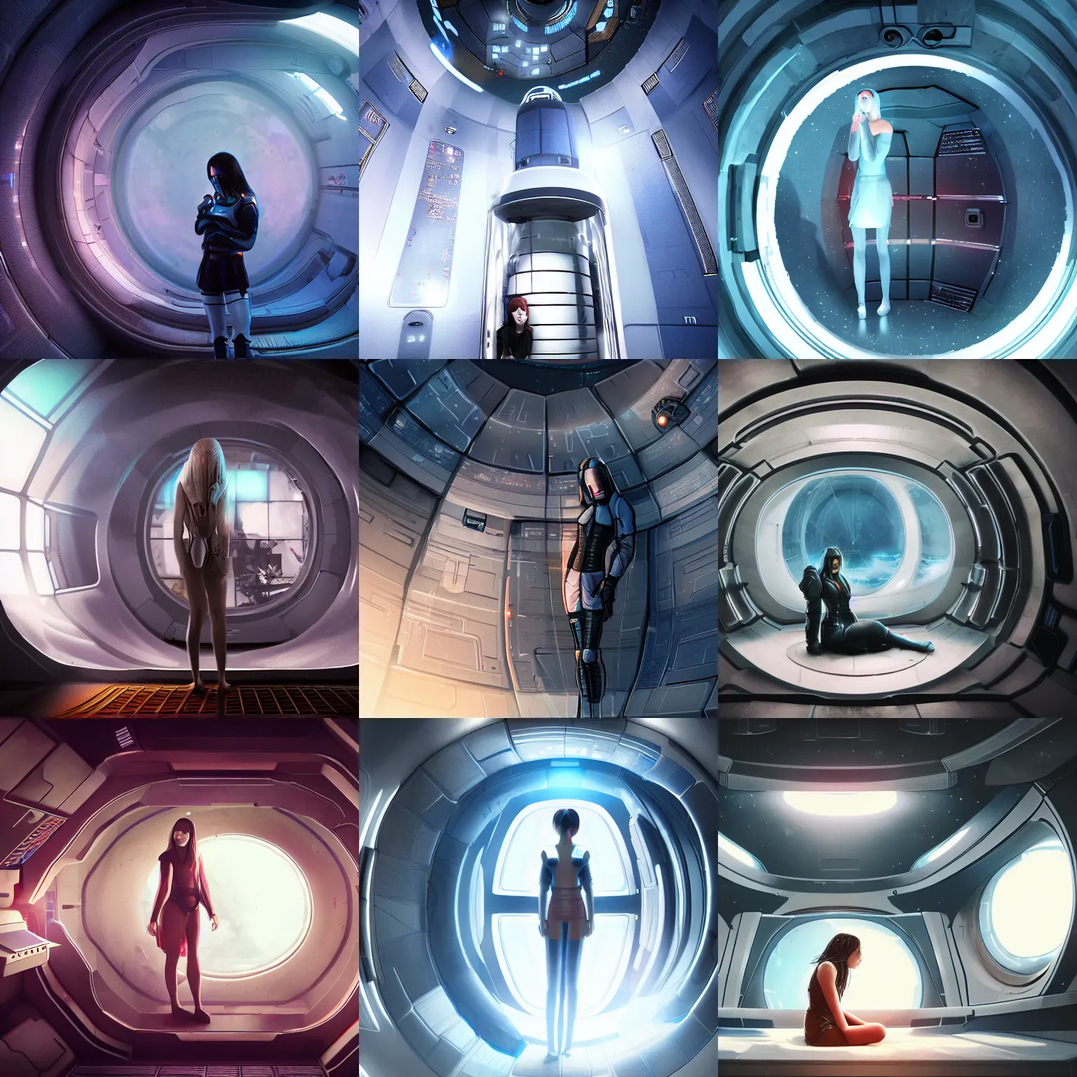 Prompt: girl sleeps standing inside cylindrical horizontal cryochamber on a spaceship, cyberpunk, sky - fi, concept art, matte painting, unreal engine