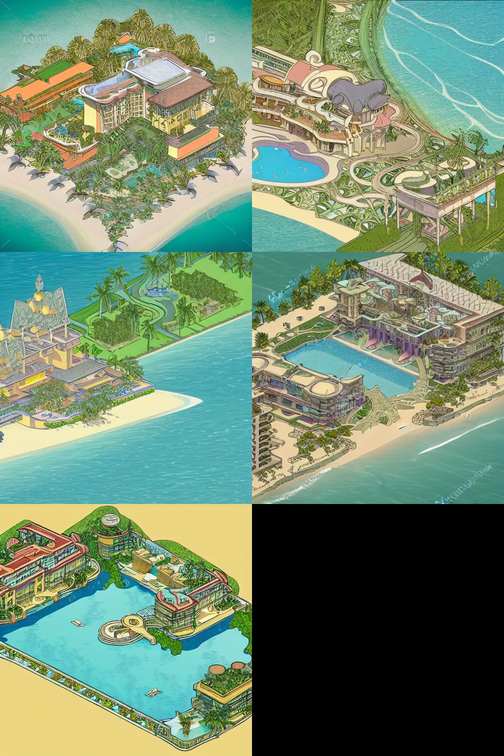 Prompt: an isometric view of a beautiful resort by the beach in the style of alphonse mucha