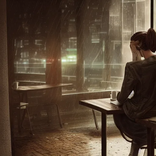 Image similar to A young woman sitting in a cafe looking out of the window with rain outside, cyberpunk, ultra realistic, concept art, intricate details, eerie, highly detailed, photorealistic, octane render, 8k, unreal engine, art by Bjorn Hurri