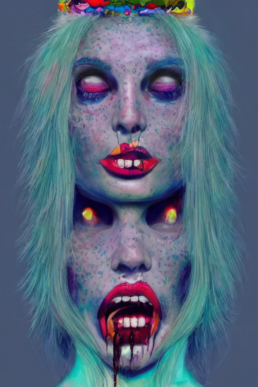 Prompt: a vibrant portrait of gothic woman licking a tab of lsd acid on her tongue and dreaming psychedelic hallucinations, wearing an alexander mcqueen headdress, high fashion, by moebius, edward hopper and james gilleard, zdzislaw beksinski, steven outram hd, 8 k, artstation