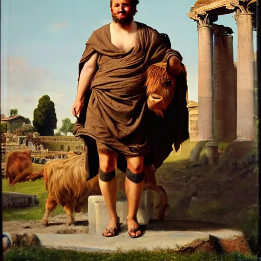 Prompt: idealized oil painting portrait of a man wearing a roman toga, posing with a highland cow, in the roman forum with no cropping.