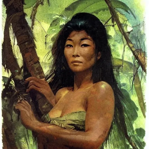 Prompt: portrait of asian woman in the jungle by frank frazetta