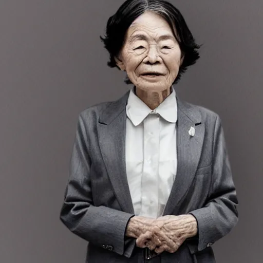 Prompt: portrait of an elderly Japanese woman dressed on a suit and tie, her gray hair in a tight bun, a serious expression on her face, digital art, elegant pose, illustration