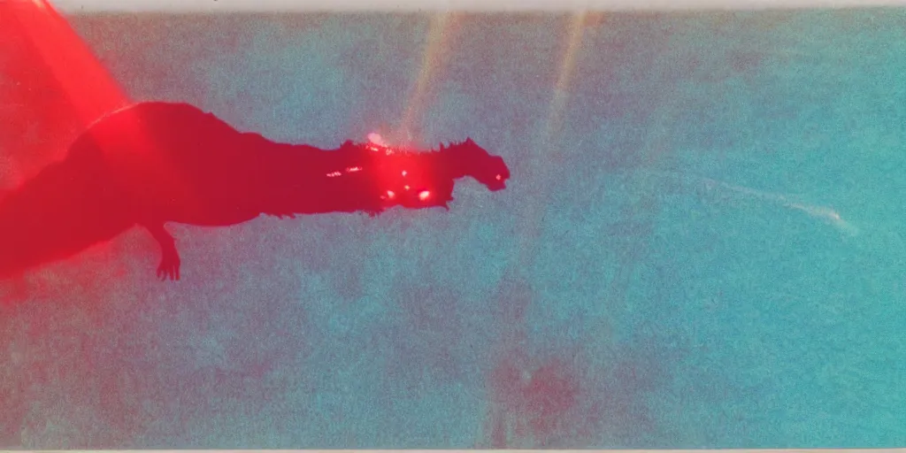 Prompt: analog polaroid photograph of godzilla swimming underwater in the ocean, gigantic waves, laser beams, seen from above, drone footage, bright sun reflection in the water, lensflare, film grain, azure tones, red color bleed