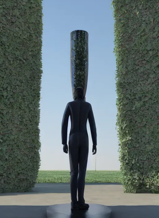 Image similar to a sculpture of a man standing next to a tall vase, a raytraced image by Hikari Shimoda, polycount, video art, vray tracing, ray tracing, rendered in unreal engine